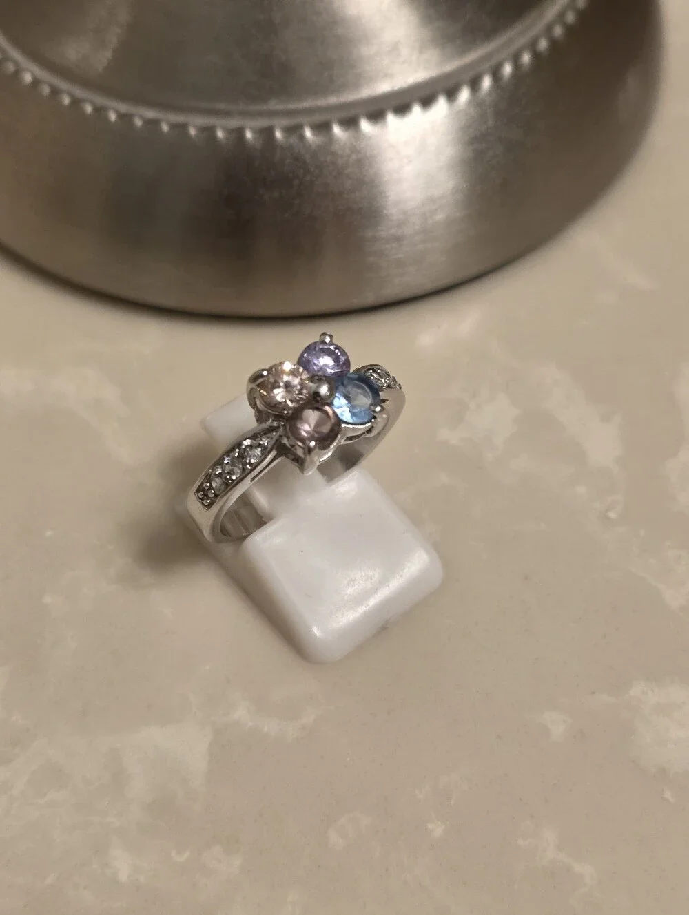 Silver CZ and Multicolored Jeweled Ring Size 8